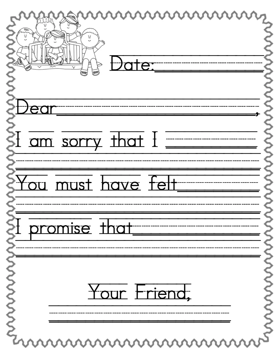 First apology letter prompts 'I am sorry that I,' 'You must have felt,' and 'I promise that' for a friend