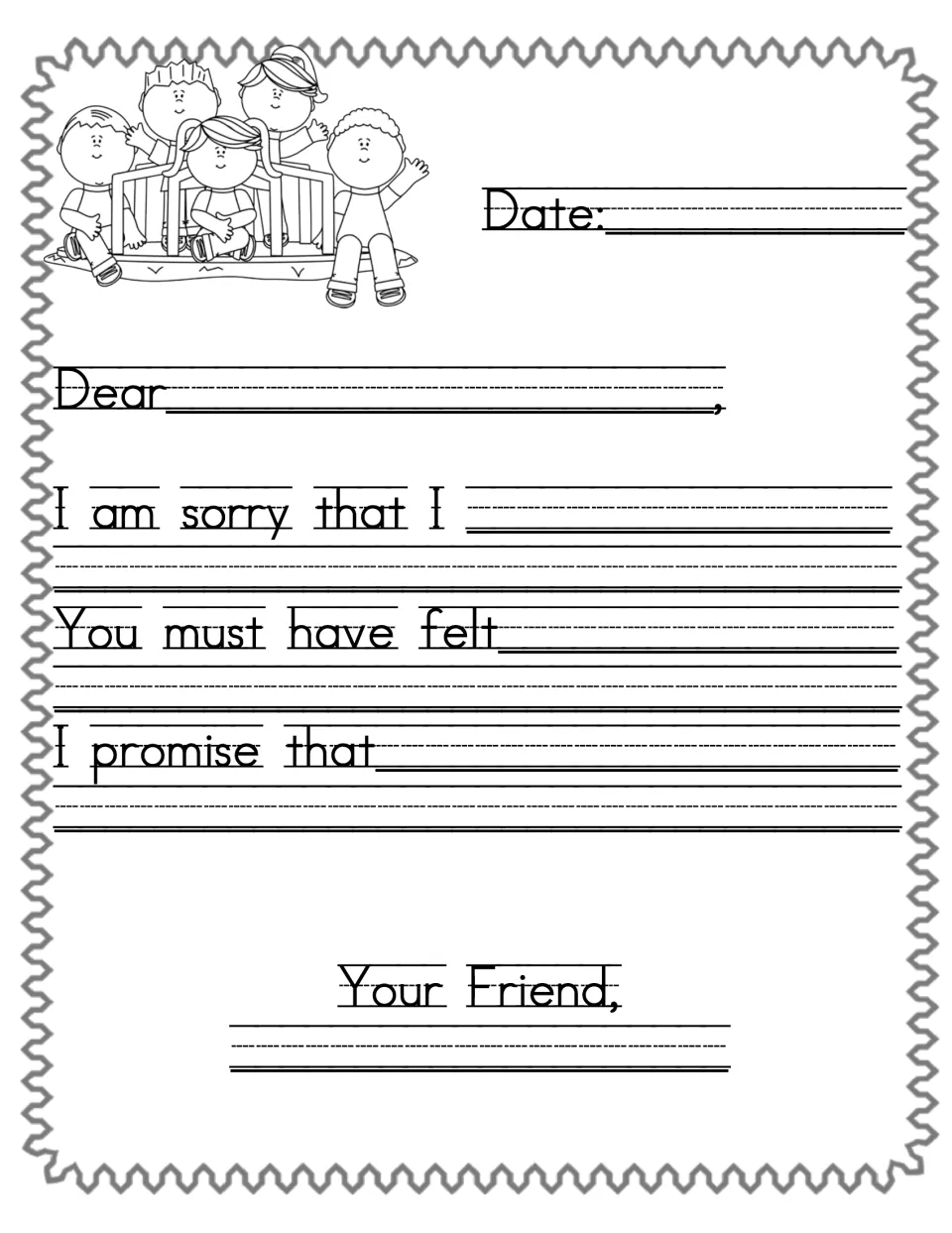 Second apology letter repeats prompts to say sorry, describe a friend's feelings, and make a promise