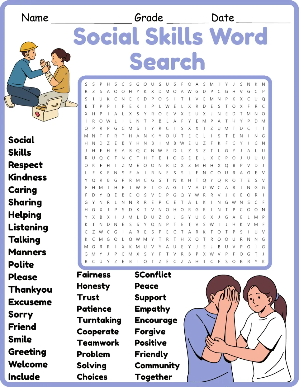 Social skills word search in color: students find words like respect, kindness, empathy and teamwork in a letter puzzle