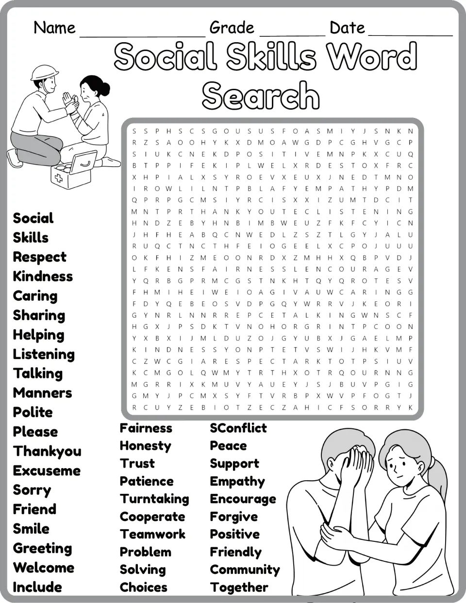 Black-and-white social skills word search: students find caring, sharing, honesty, patience and more in the letter puzzle