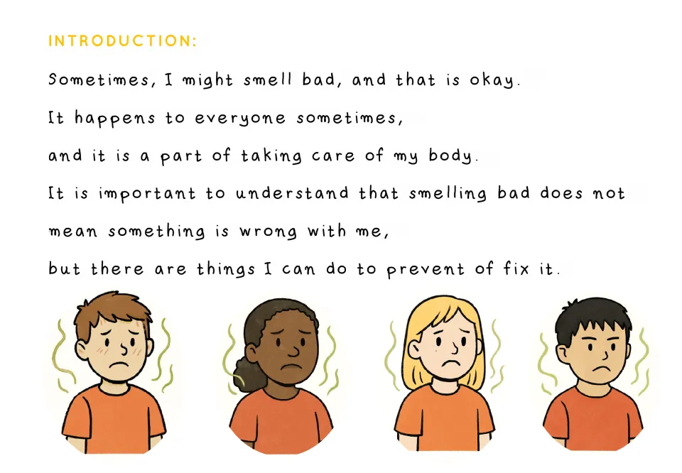 Story introduction explains that smelling bad happens to everyone and does not mean something is wrong with me.