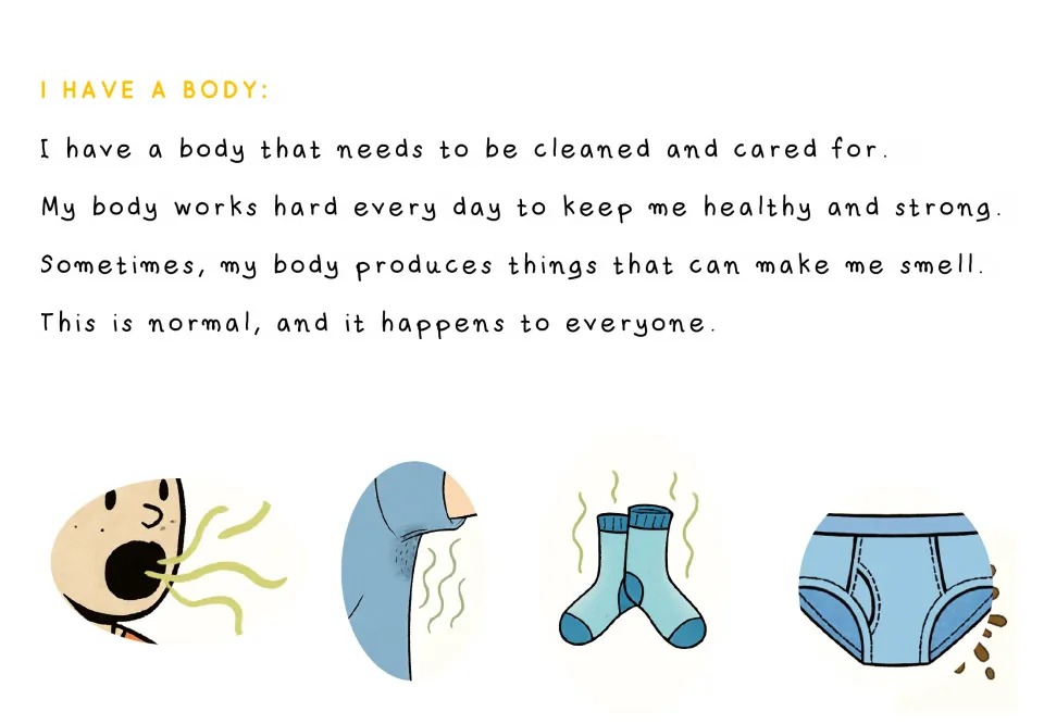 Hygiene story section 'I Have a Body' explains that bodies need care and naturally produce things that smell.