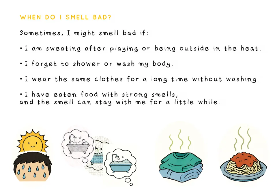 Hygiene story lists reasons for smelling bad: sweating, missed showers, unwashed clothes, and strong-smelling food.