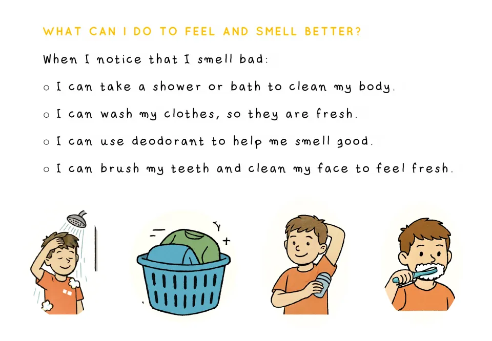 Hygiene guidance shows a brown-haired boy bathing, using deodorant, and brushing teeth, plus a laundry basket.