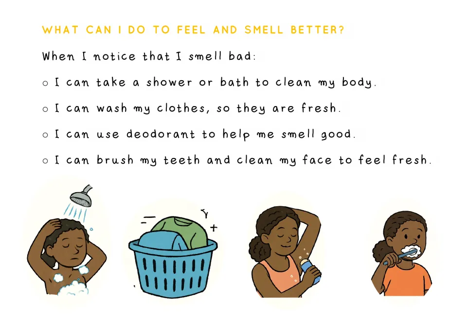 Hygiene guidance shows a dark-skinned girl bathing, using deodorant, and brushing teeth, plus a laundry basket.