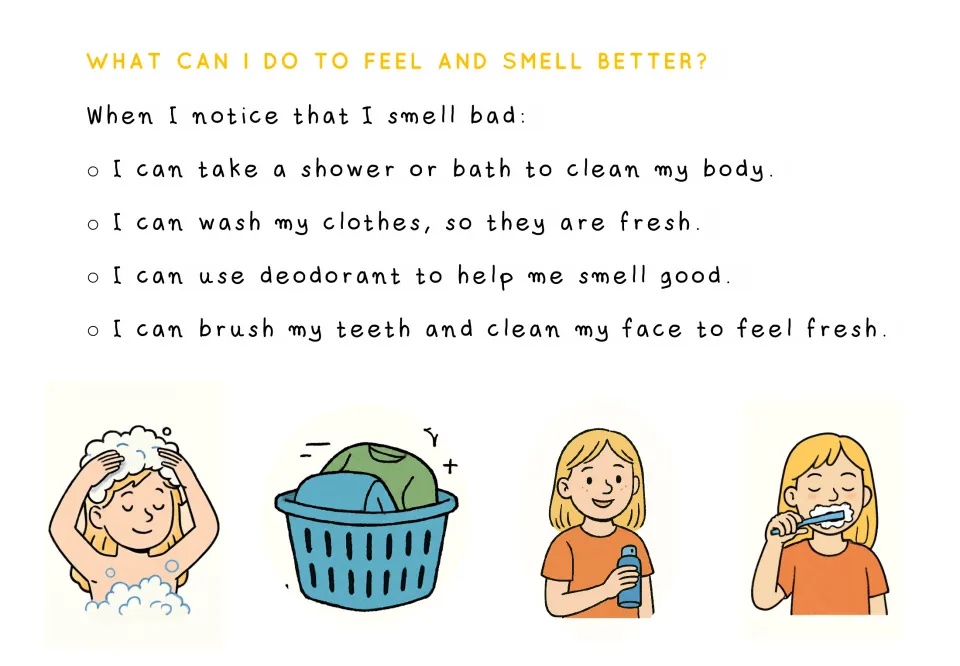 Hygiene guidance shows a blonde girl washing her hair, holding deodorant, and brushing teeth, plus laundry.