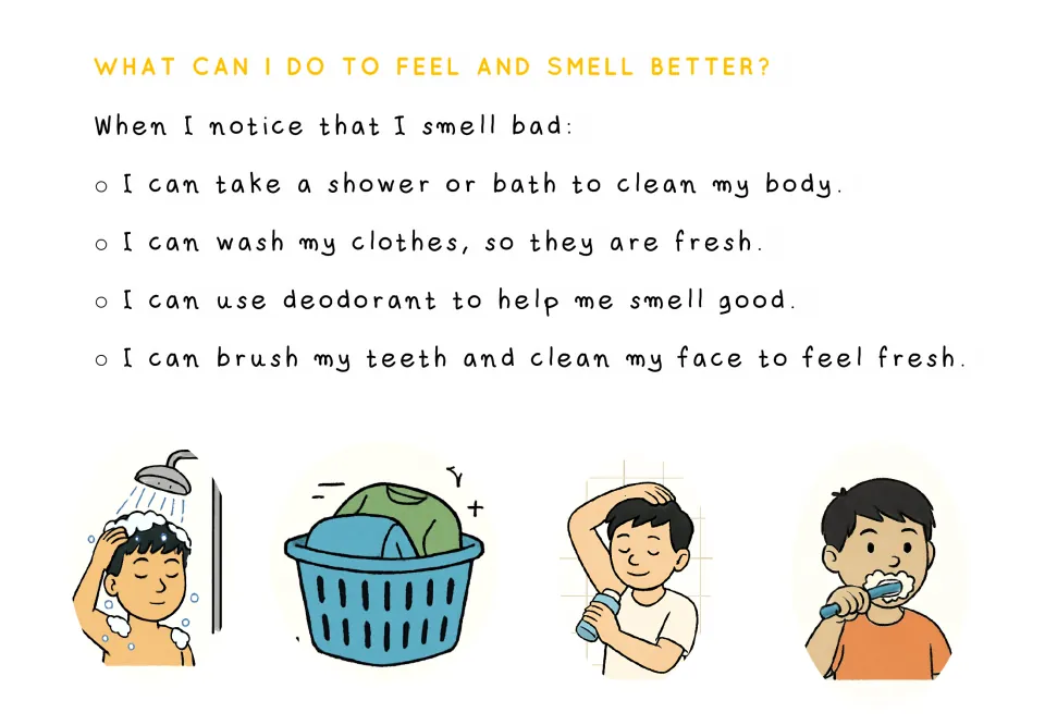 Hygiene guidance shows a black-haired boy showering, using deodorant, and brushing teeth, plus a laundry basket.