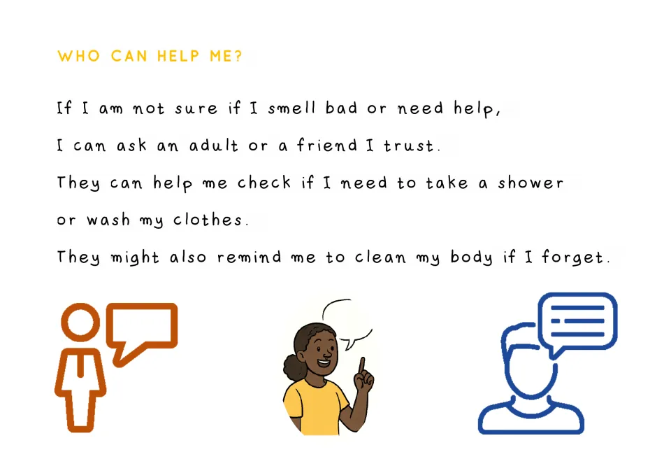 Hygiene story explains asking a trusted adult or friend for help checking body odor and reminders to wash.