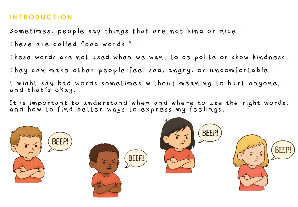 Story introduction explaining what bad words are, how they affect others, and finding ways to express feelings