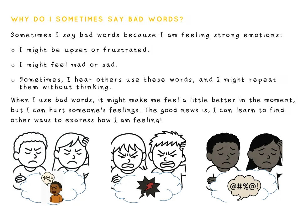 Story page explaining reasons for swearing: frustration, feeling mad or sad, and repeating words others use
