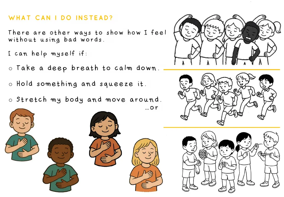 Story page introducing alternatives to swearing: taking a deep breath, squeezing something, and stretching
