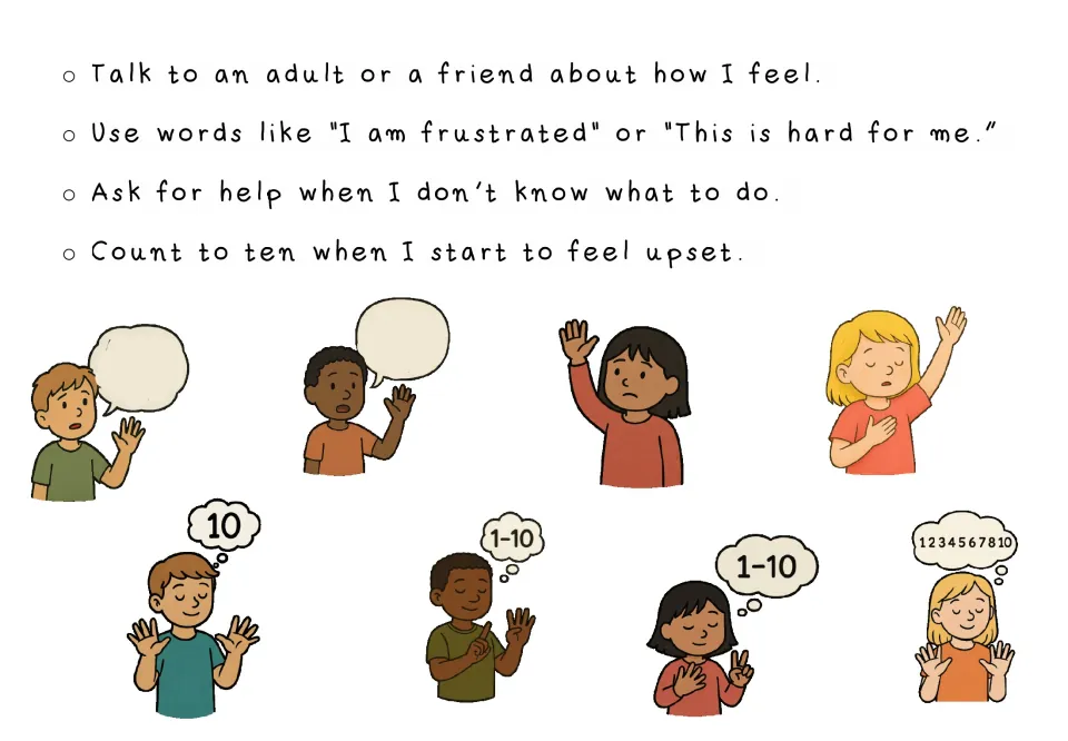 Story continuation listing talking about feelings, saying 'I am frustrated,' asking for help, and counting to ten