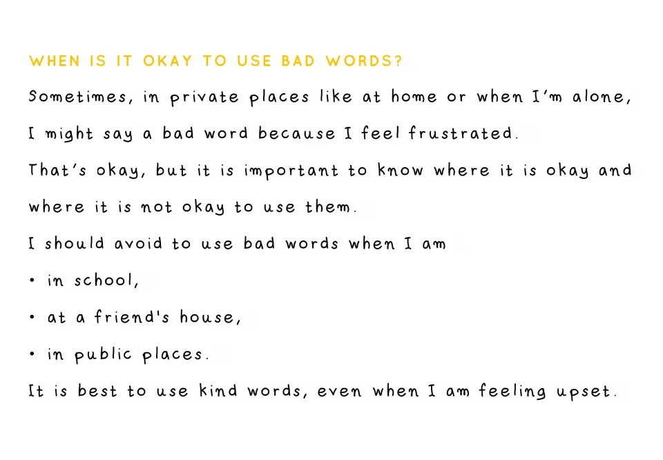 Story page contrasting swearing in private with avoiding bad words at school, at a friend's house, and in public