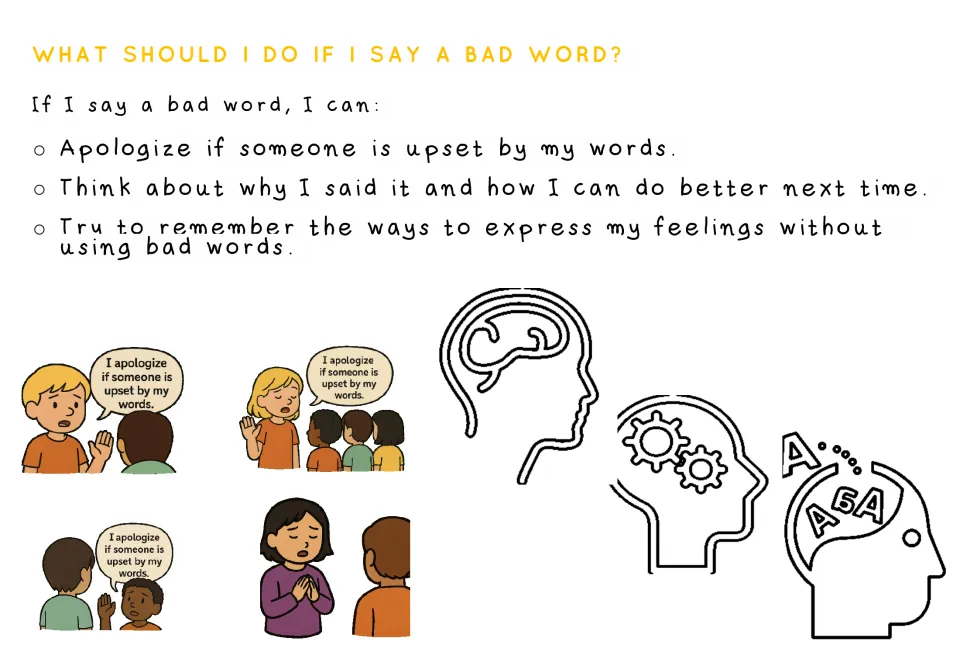 Story page about responding after swearing: apologize, think about why it happened, and recall other ways to speak