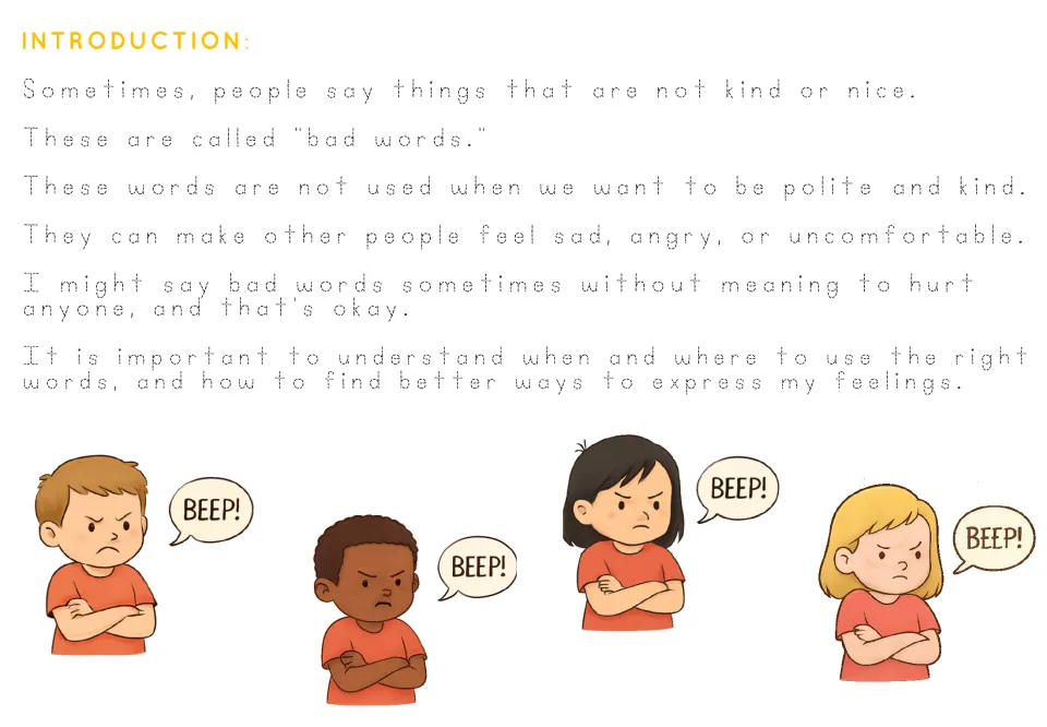 Tracing version of the story introduction about bad words, their effects on others, and expressing feelings