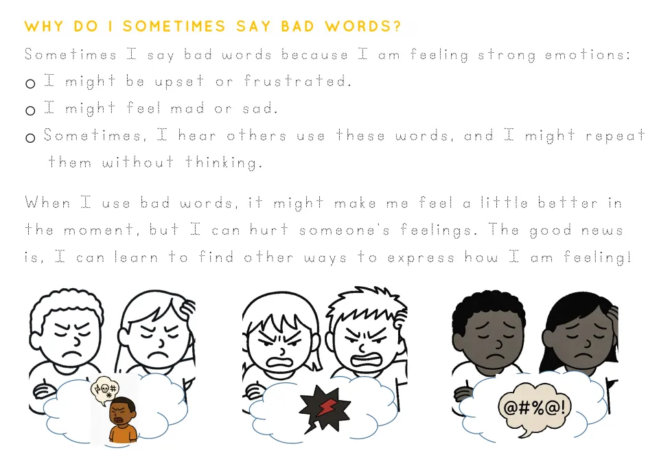 Tracing story page about swearing when frustrated, mad, or sad, and repeating words heard from other people