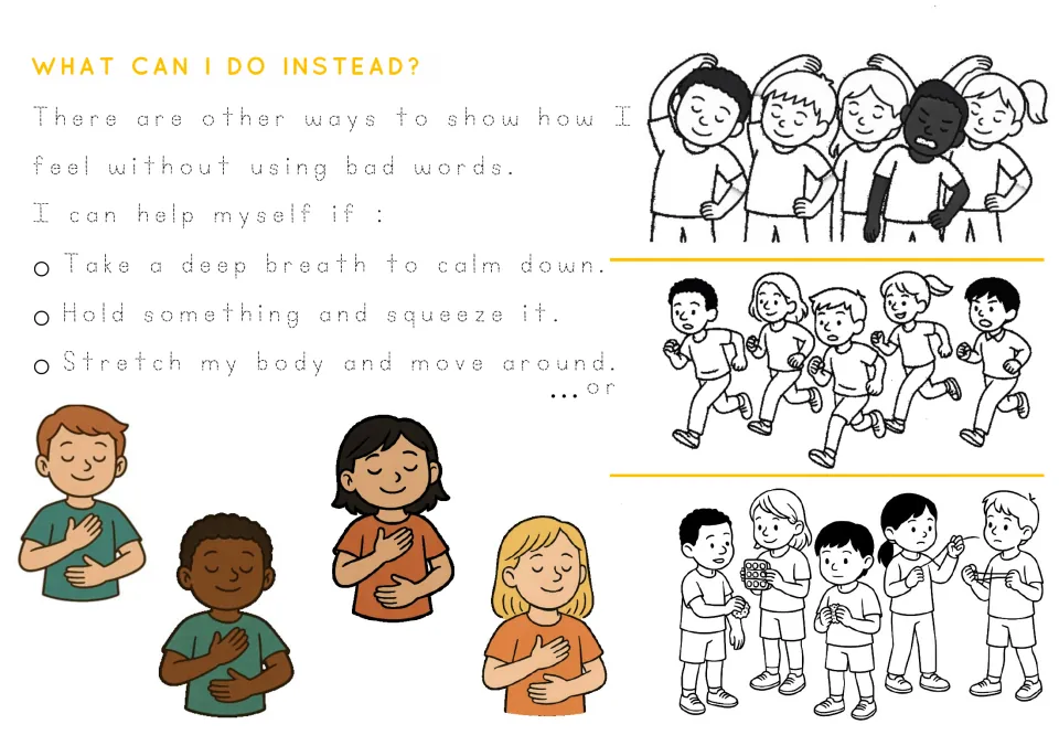 Tracing story page presenting deep breathing, squeezing an object, and stretching as alternatives to swearing