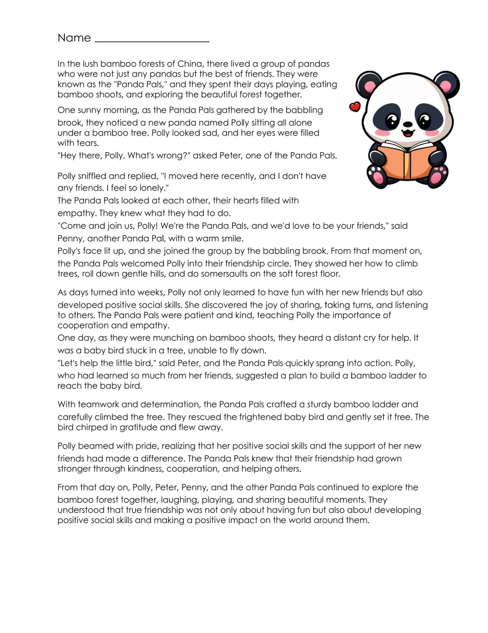 Panda Pals story: students read how pandas befriend lonely Polly, then team up to rescue a baby bird from a tree