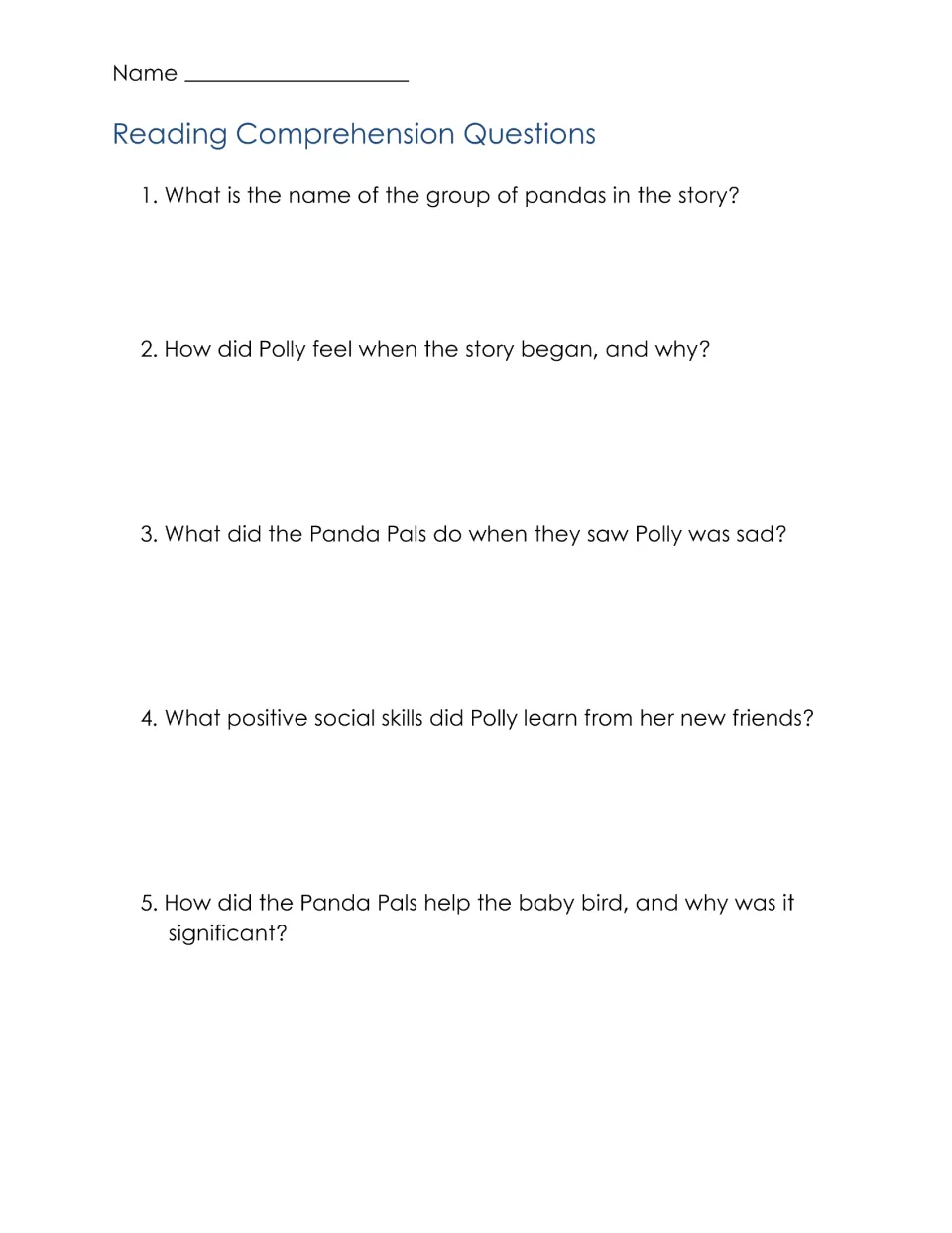 Reading comprehension on the Panda Pals story: five written-response questions on Polly's feelings and helping a bird