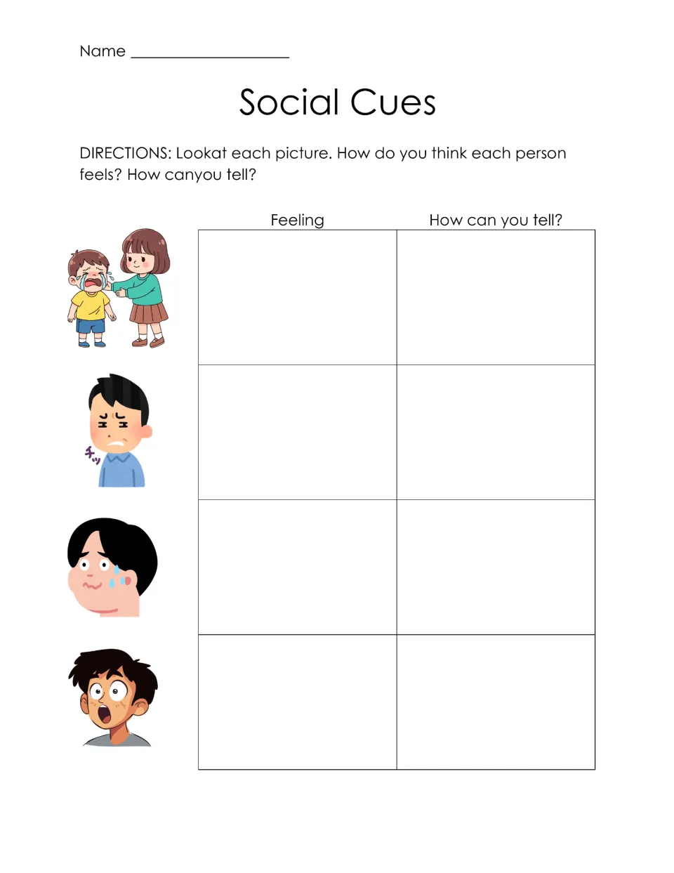Social Cues: students study four cartoon faces, name how each person feels and explain which facial clues show it
