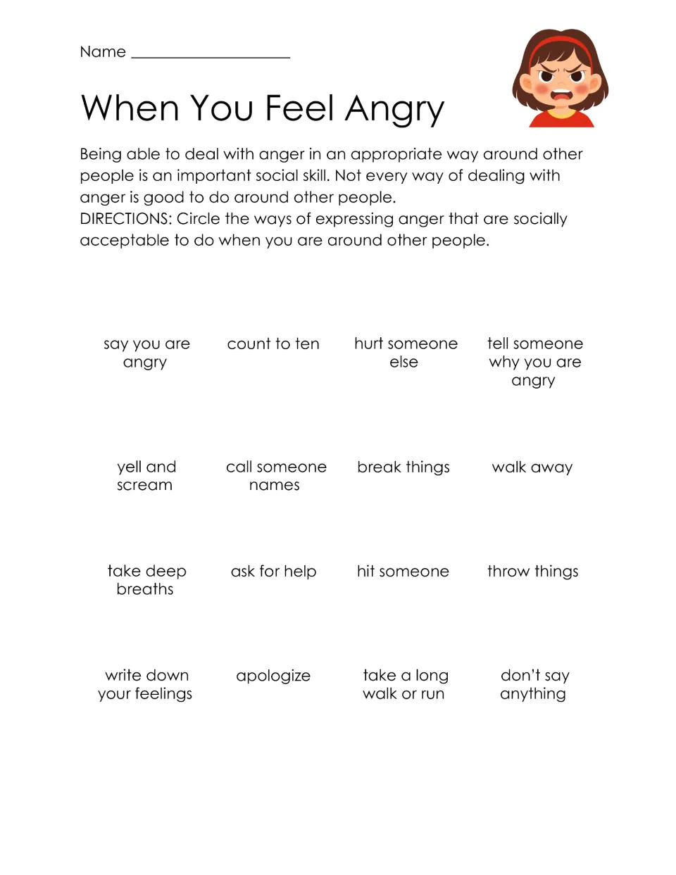 When You Feel Angry: students circle socially acceptable ways to show anger, such as count to ten, among 16 choices