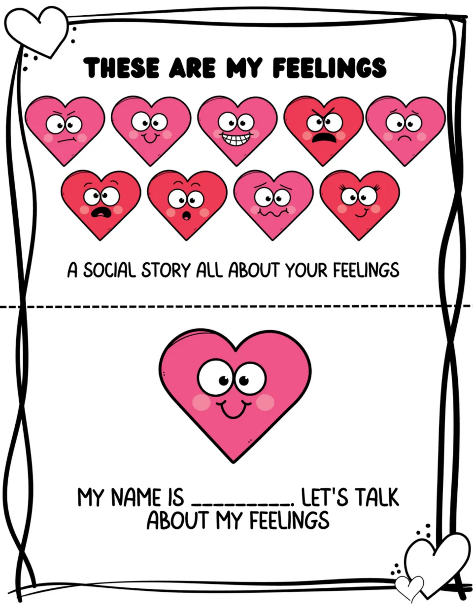 Social story cover says 'These Are My Feelings'; the opening book page has a name prompt and smiling heart.