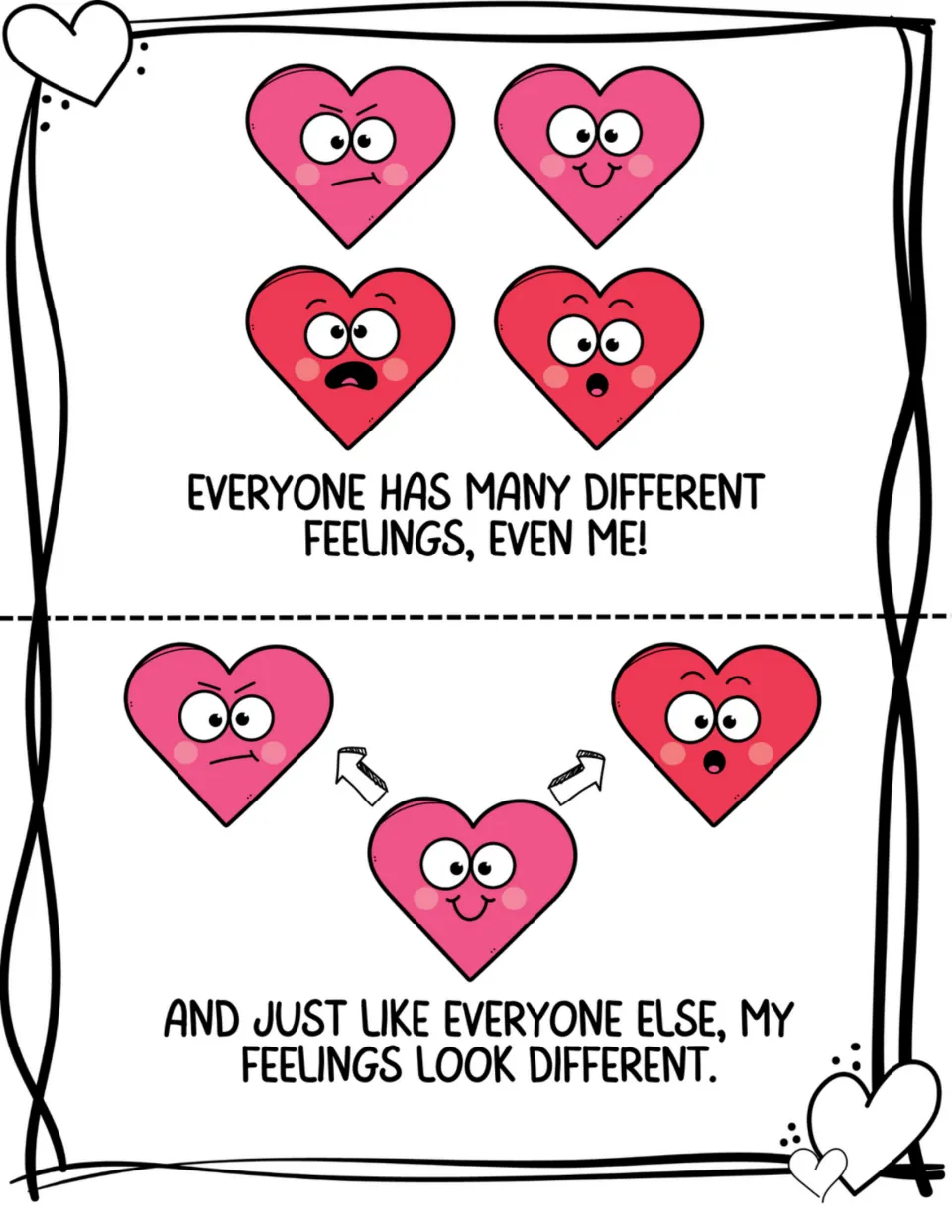 Social story pages explain that everyone has many different feelings and show hearts with different expressions.