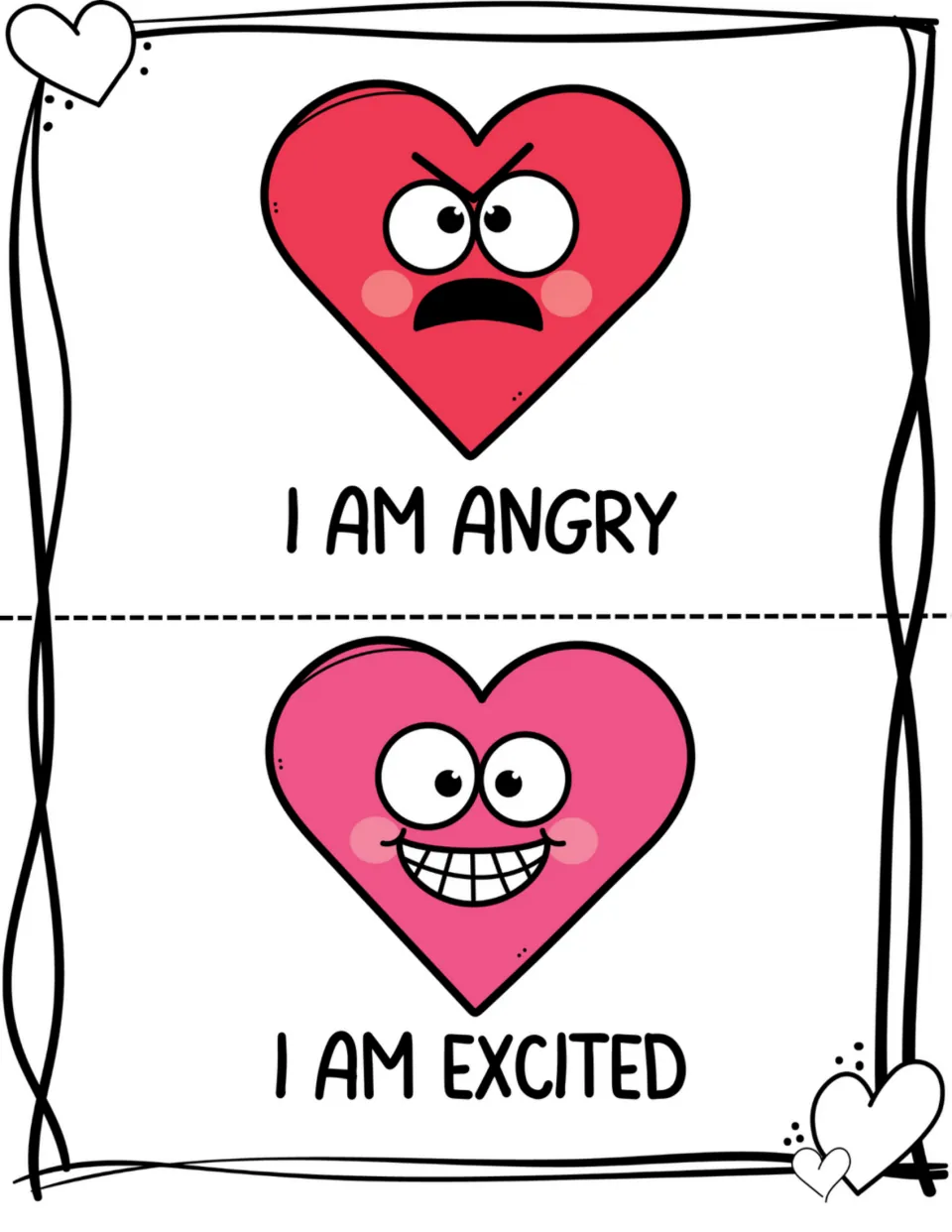Two feelings book pages pair an angry heart with 'I am angry' and a grinning heart with 'I am excited.'