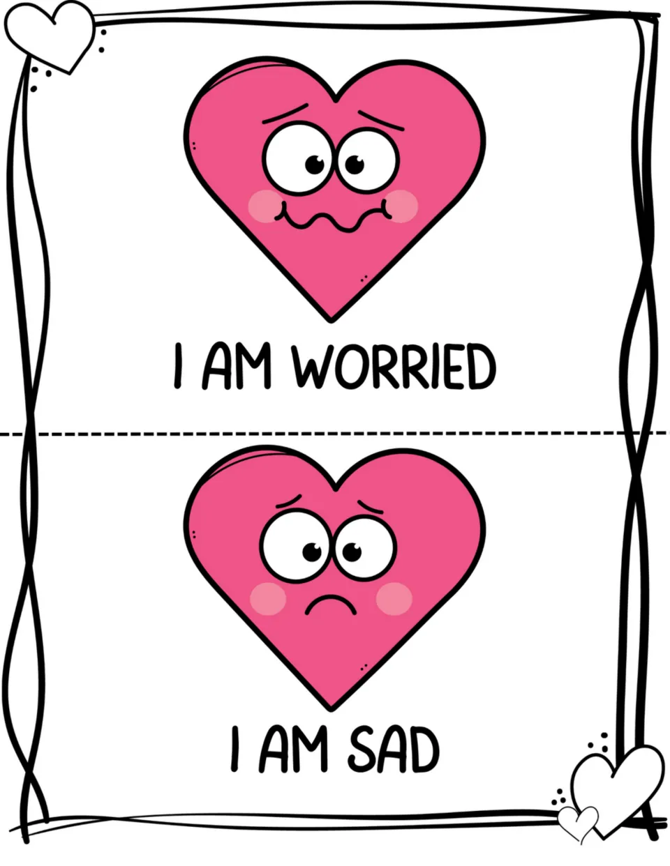 Two feelings book pages pair a worried heart with 'I am worried' and a frowning heart with 'I am sad.'