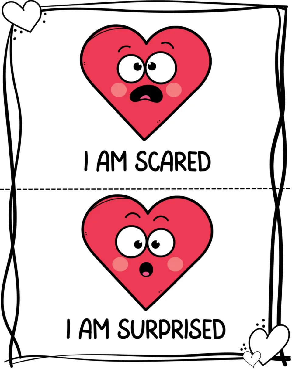Two feelings book pages show scared and surprised heart expressions labeled 'I am scared' and 'I am surprised.'