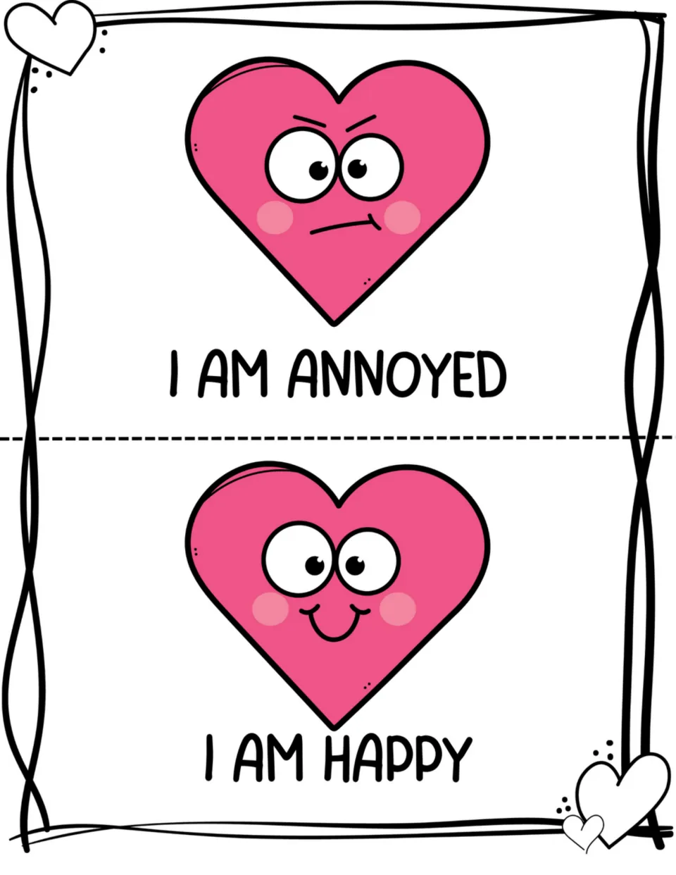 Two feelings book pages pair an annoyed heart with 'I am annoyed' and a smiling heart with 'I am happy.'