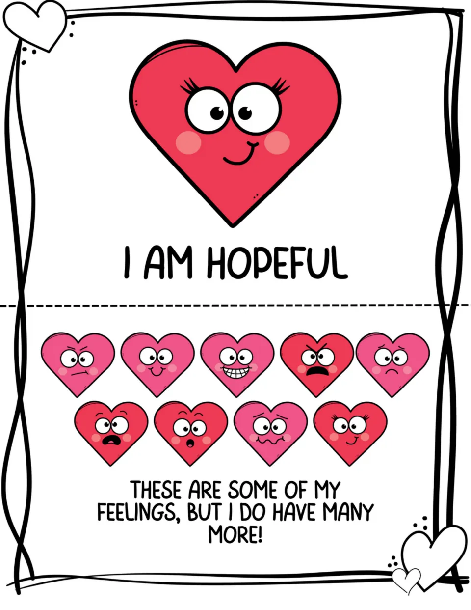 Feelings book pages introduce 'I am hopeful' and show nine heart expressions, noting there are more feelings.