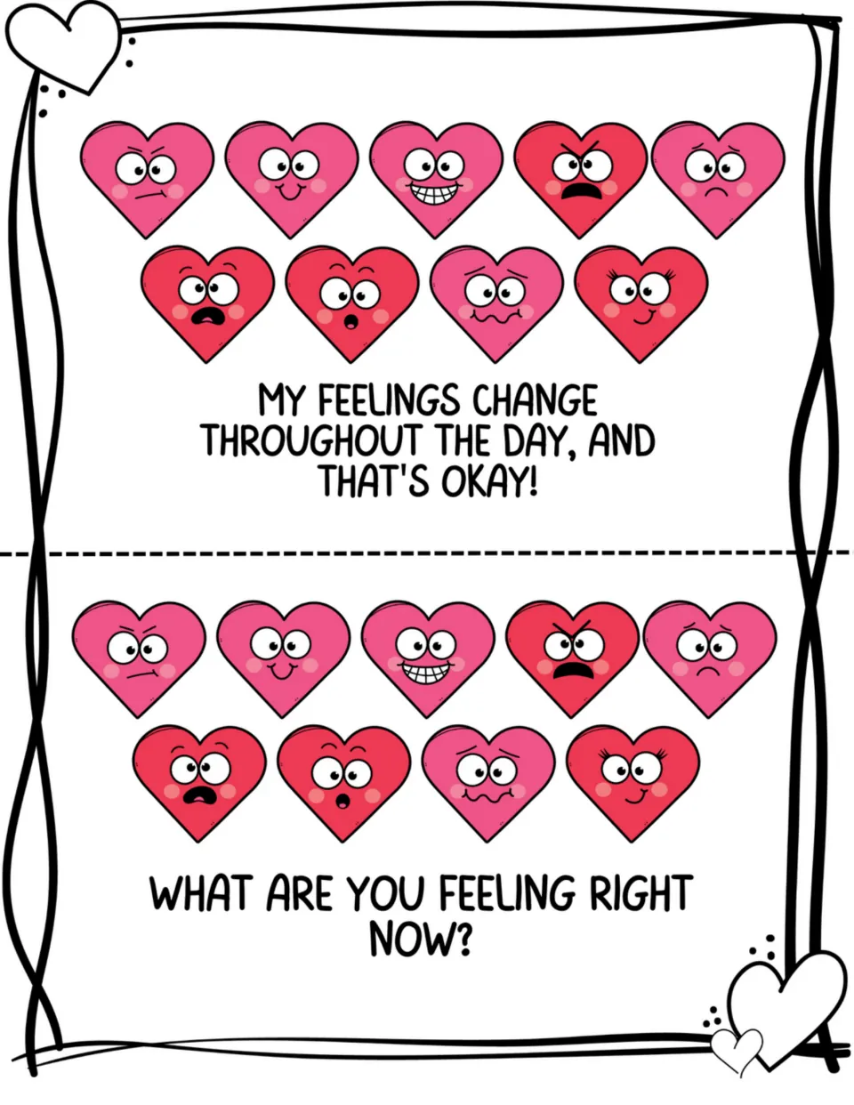 Closing feelings book pages say feelings change throughout the day and ask 'What are you feeling right now?'