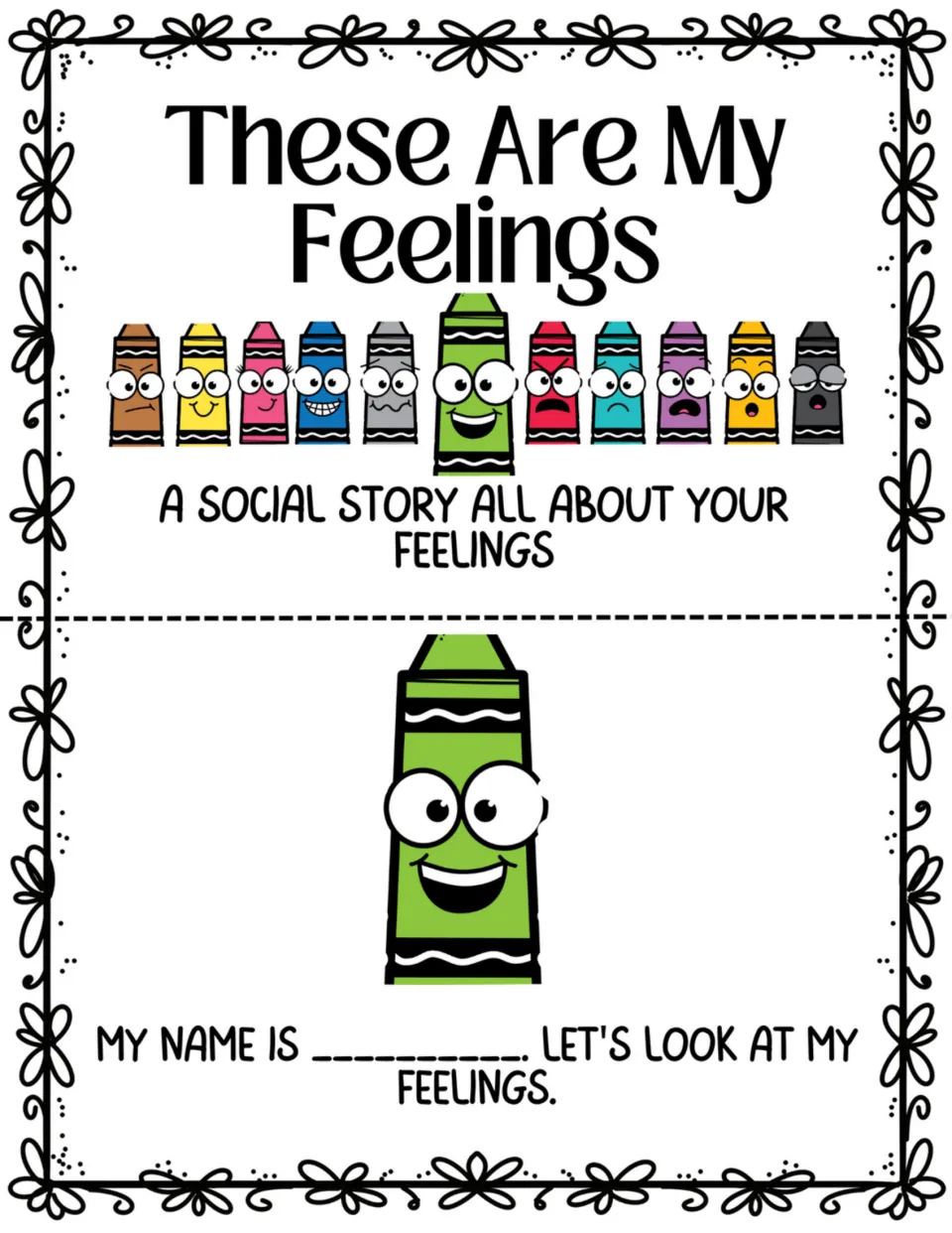 Mini book pages 1–2: a story cover and a crayon introducing 'My name is' and 'Let's look at my feelings'