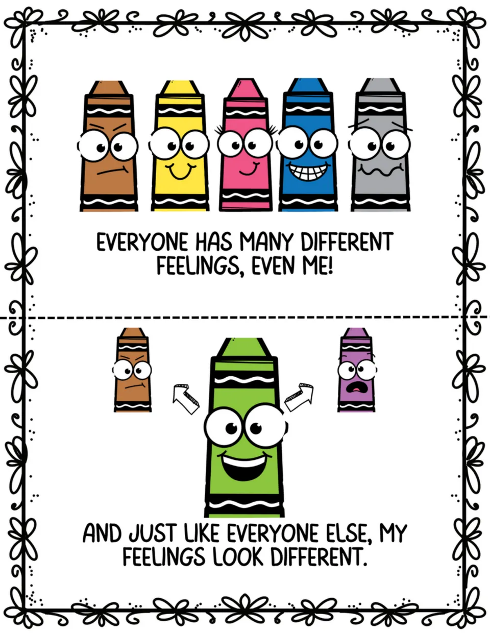 Mini book pages 3–4: crayons illustrate 'Everyone has many different feelings' and 'My feelings look different'