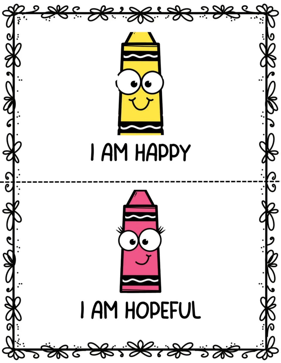 Mini book pages 5–6: a yellow crayon says 'I am happy' and a pink crayon says 'I am hopeful' beneath their faces