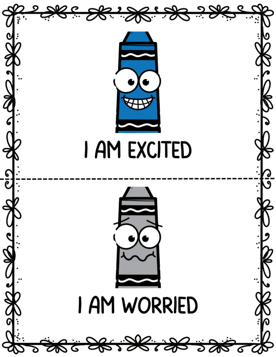Mini book pages 7–8: a grinning blue crayon labeled 'I am excited' and a gray crayon labeled 'I am worried'