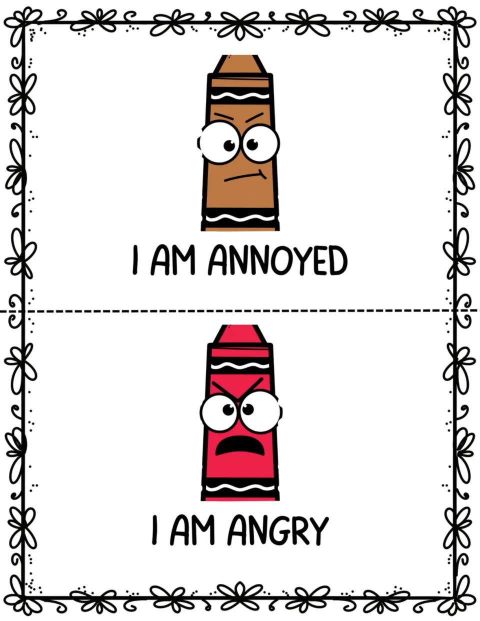Mini book pages 9–10: a brown crayon labeled 'I am annoyed' and a red crayon labeled 'I am angry' show feelings