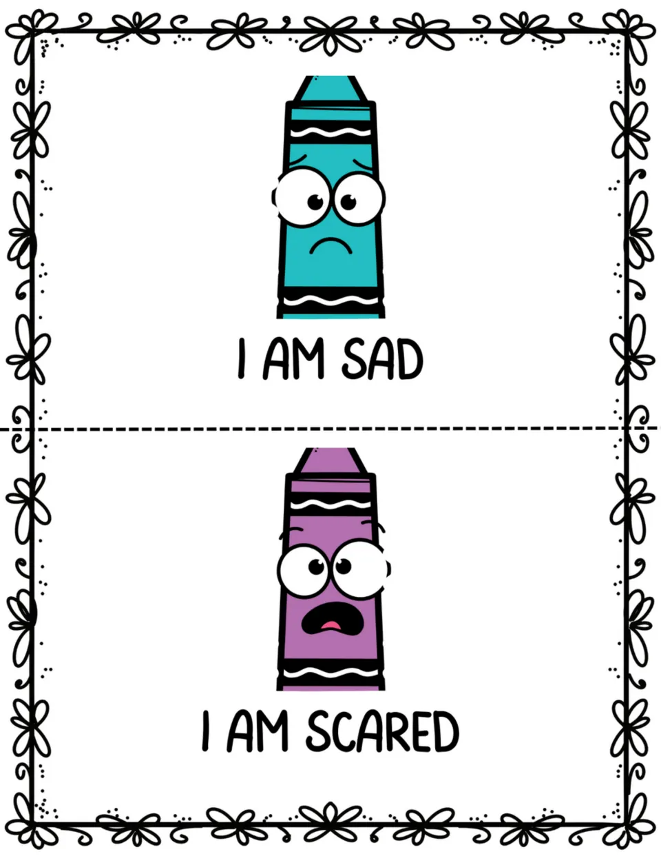 Mini book pages 11–12: a frowning teal crayon labeled 'I am sad' and a purple crayon labeled 'I am scared'