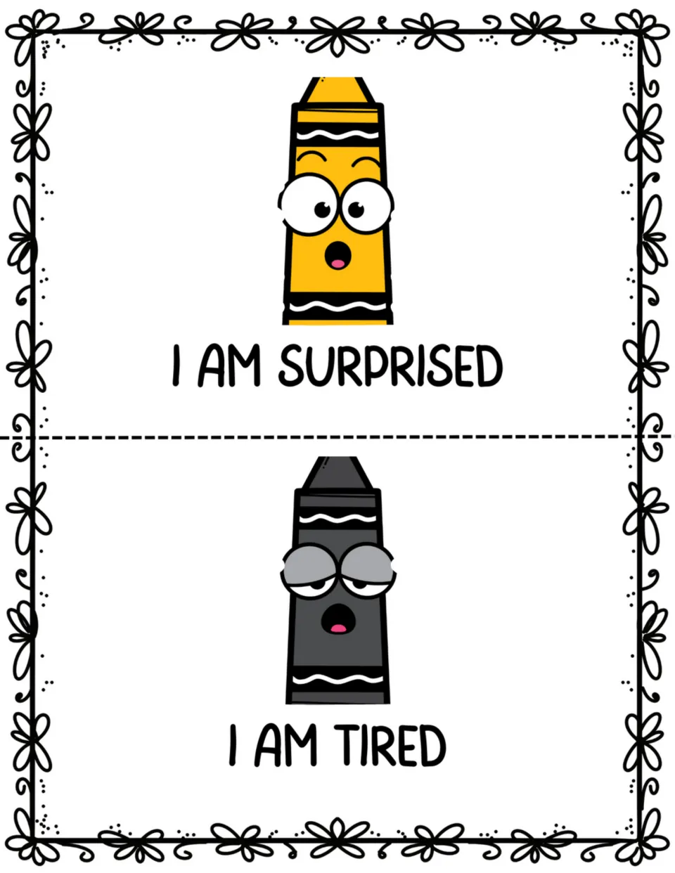 Mini book pages 13–14: an orange-yellow crayon says 'I am surprised' and a dark gray crayon says 'I am tired'