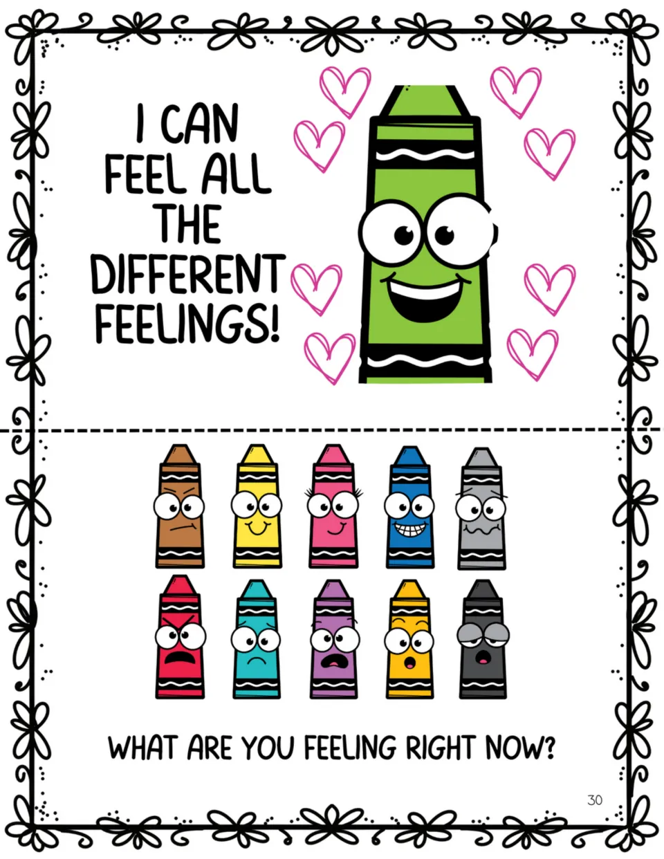 Mini book pages 15–16: 'I can feel all the different feelings!' and 10 crayons asking what you feel right now