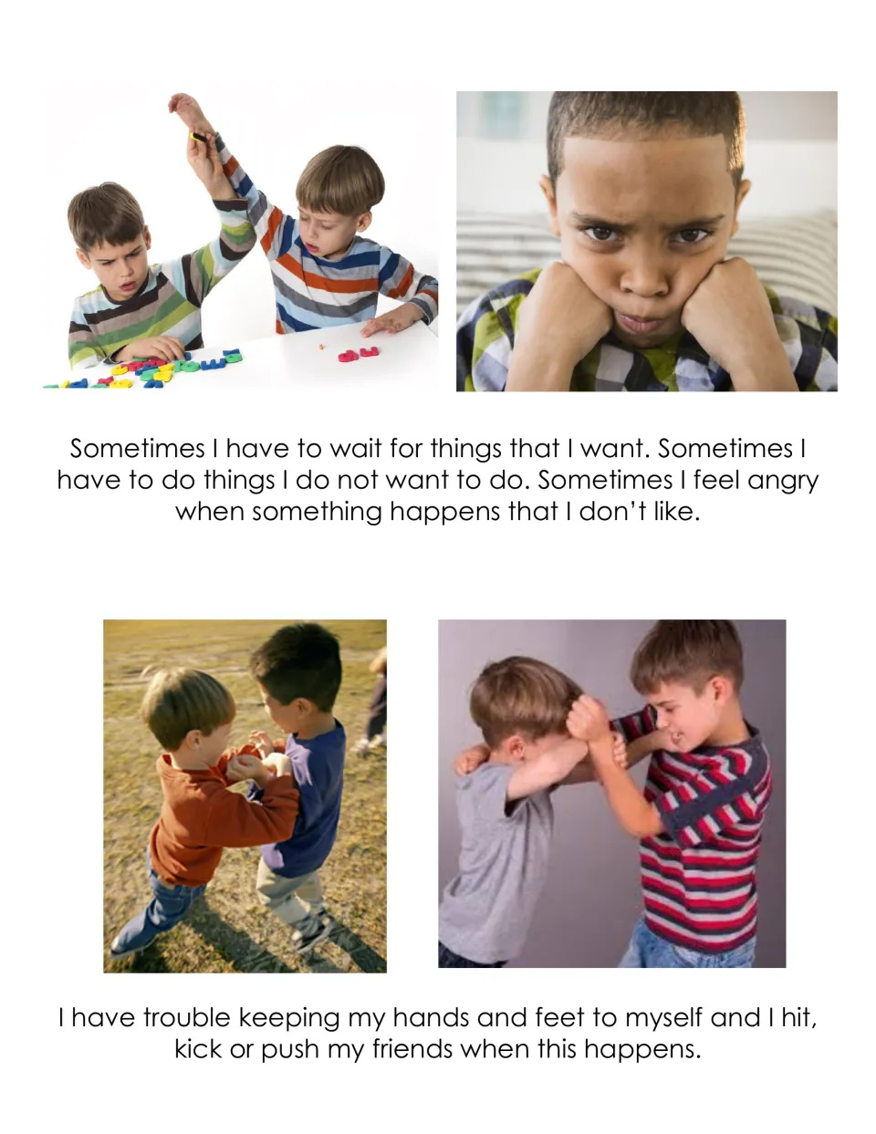 Social story on anger triggers: waiting, doing unwanted tasks, and photos of boys grabbing and pushing each other