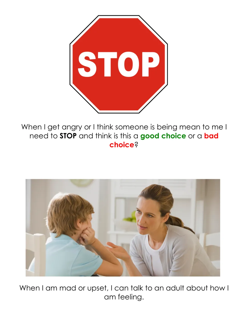 Stop and think: a STOP sign asks good choice or bad choice, and a photo shows a boy talking to an adult about feeling upset