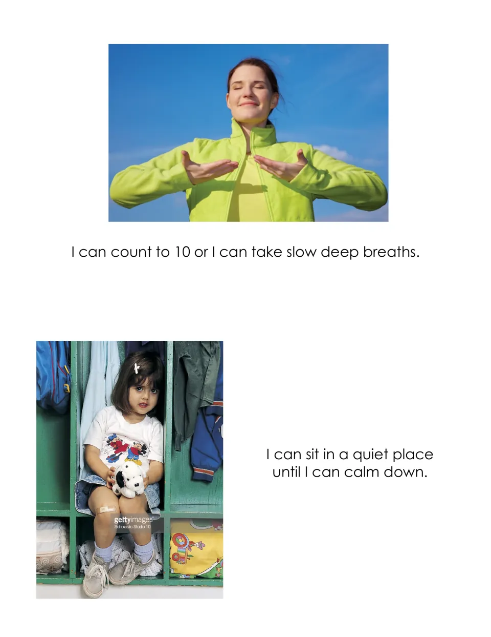 Calm-down strategies: count to 10, slow deep breaths or a quiet place, with a woman breathing and a girl in a cubby