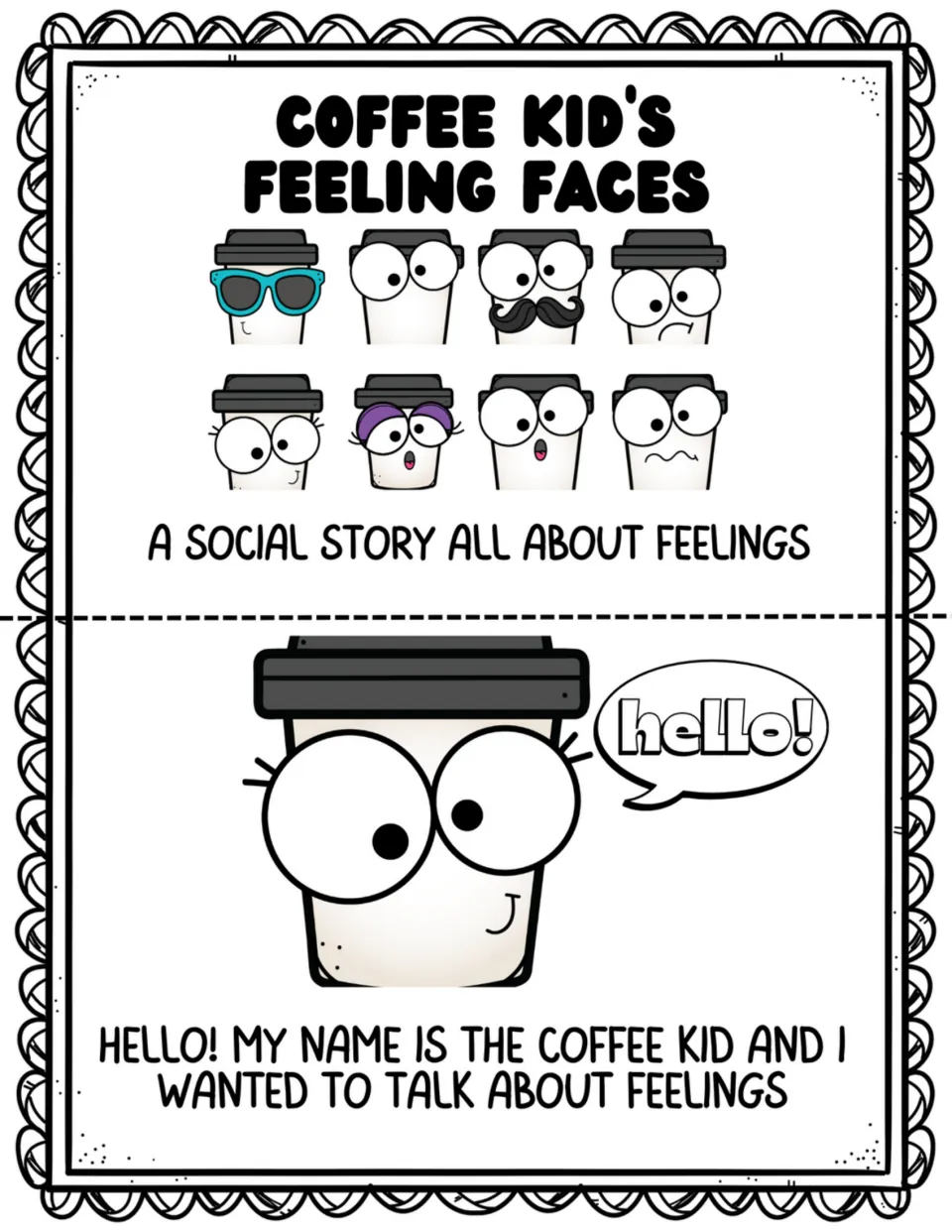 Story sheet pairs a miniature cover with the Coffee Kid saying hello and introducing a story about feelings