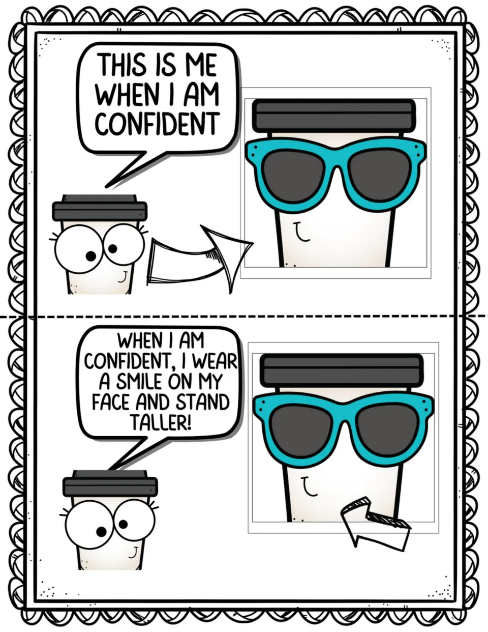 Two story pages introduce feeling confident and explain that the Coffee Kid wears a smile and stands taller
