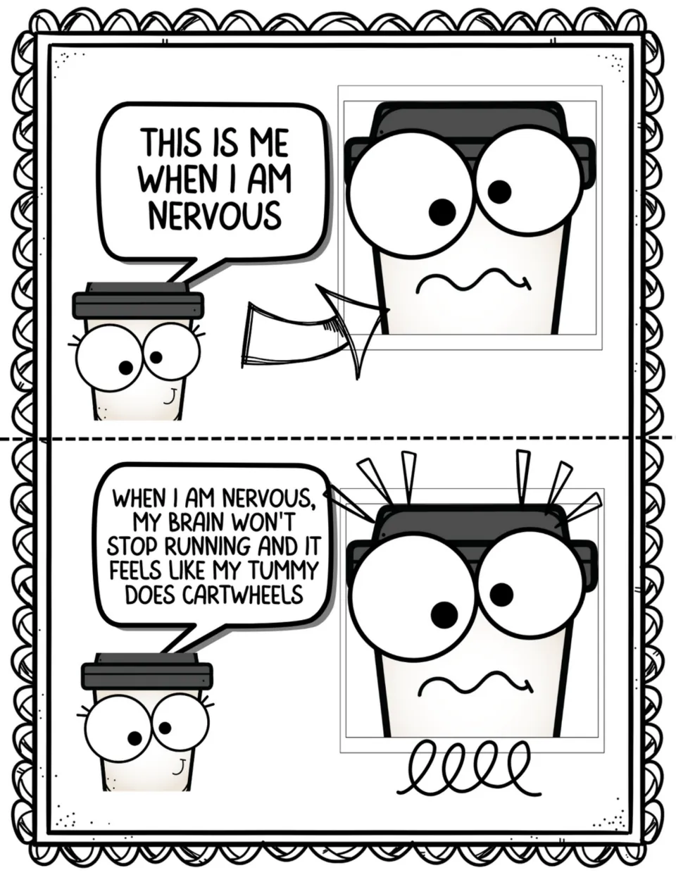 Two story pages introduce feeling nervous, with a brain that won't stop running and a tummy doing cartwheels