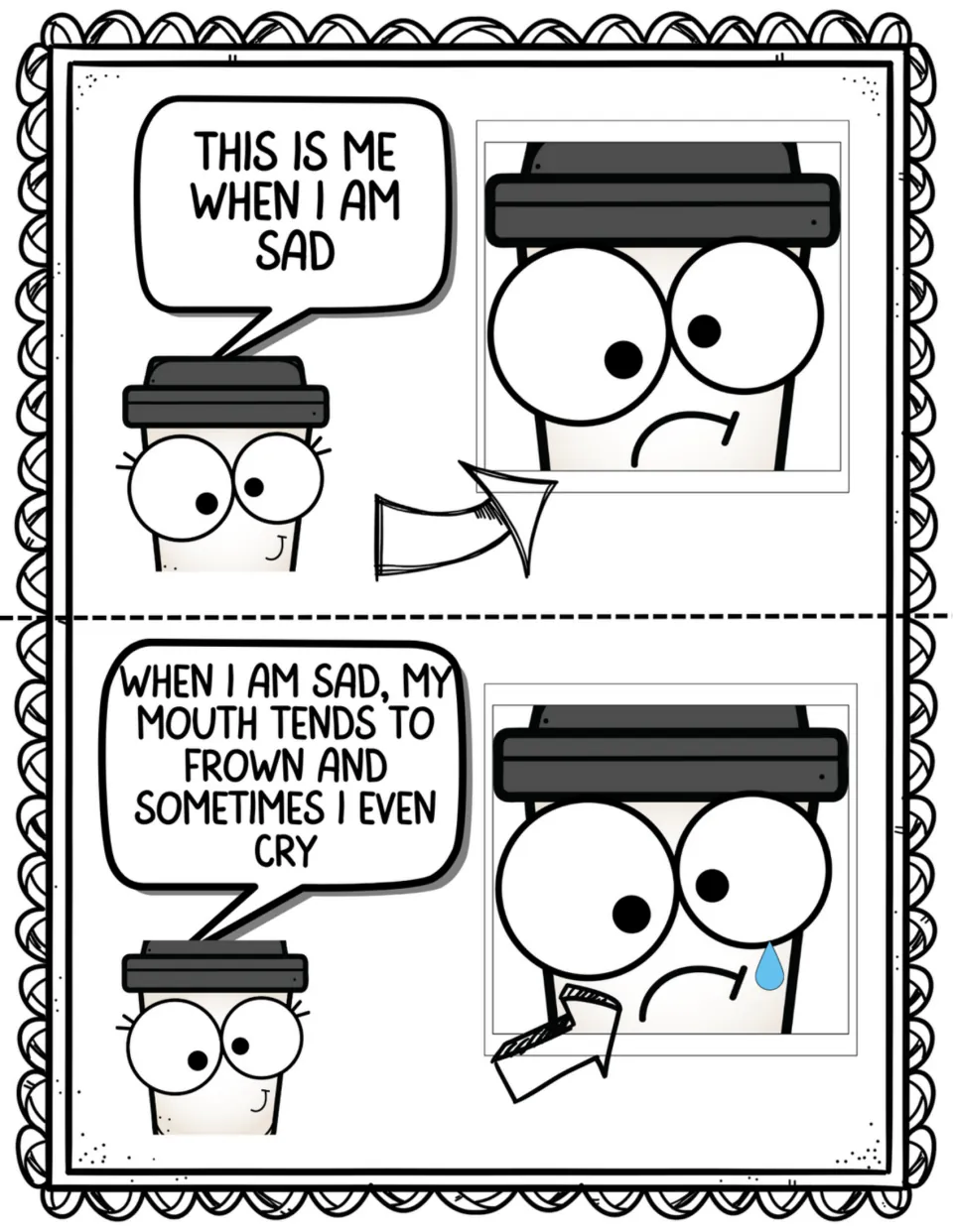 Two story pages introduce feeling sad and show the Coffee Kid frowning and crying to illustrate the feeling