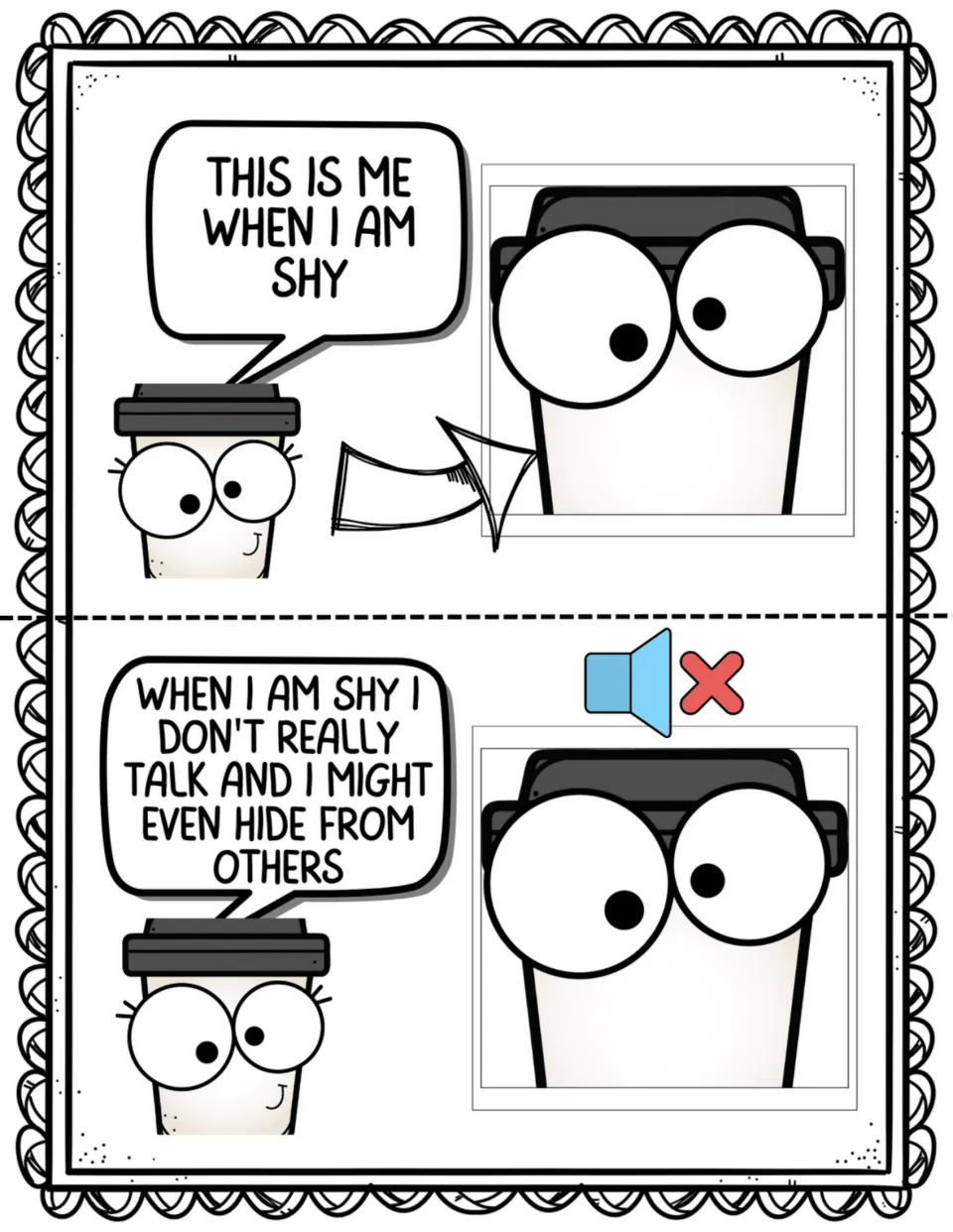 Two story pages introduce feeling shy and explain that the Coffee Kid talks little and might hide from others