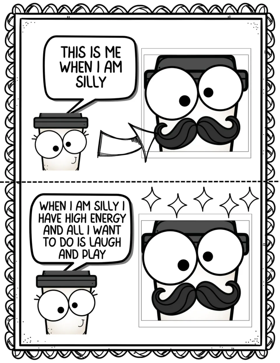 Two story pages introduce feeling silly and explain that the Coffee Kid has high energy and wants to laugh and play
